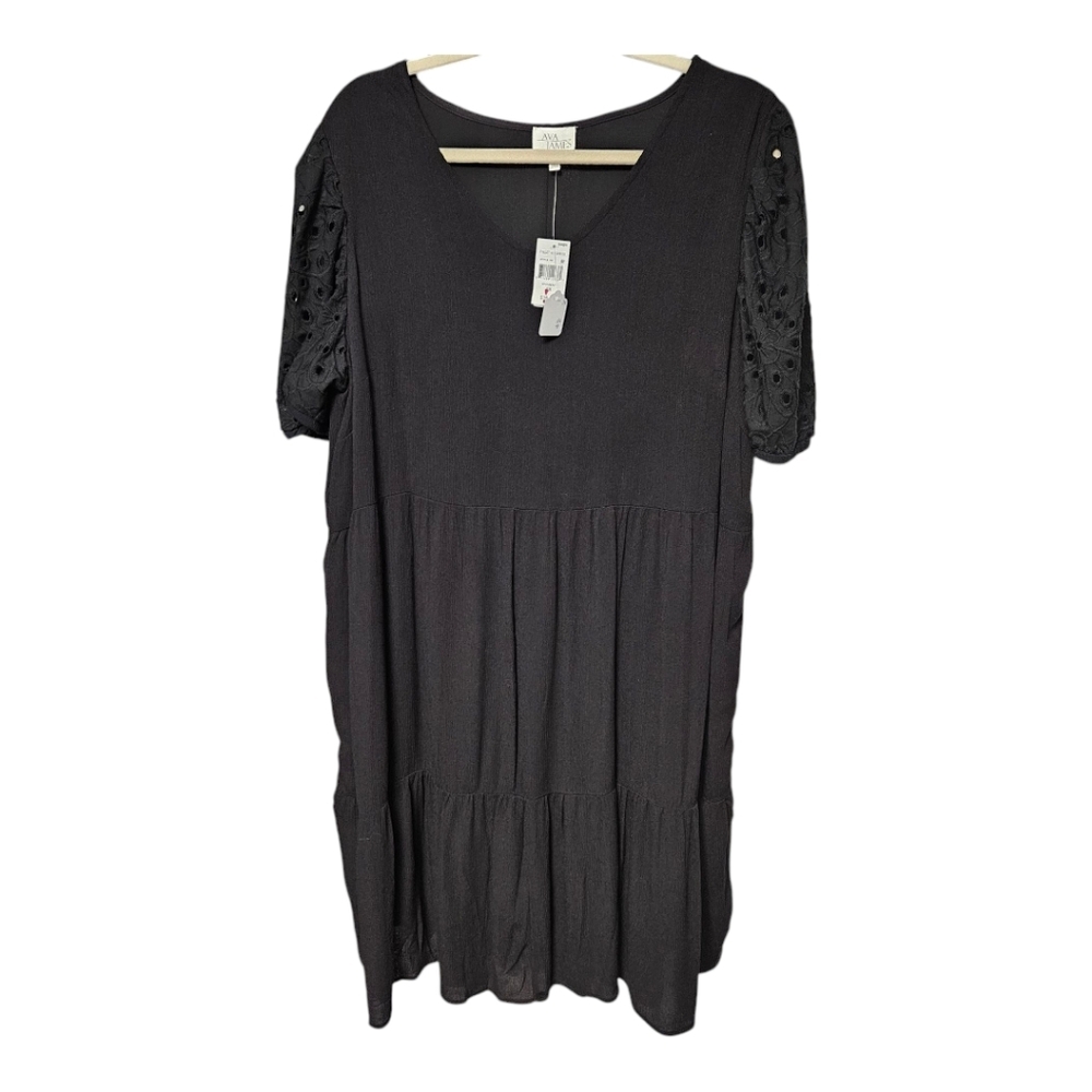 Black Eyelet Sleeve Tiered Rayon Dress